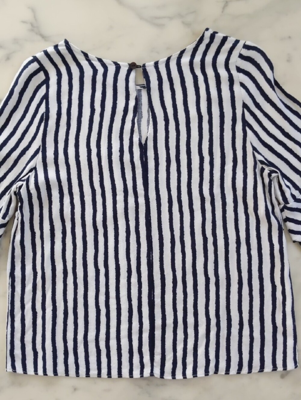 Striped Navy and White 3/4 Ruffle Sleeve Blouse. - Picture 5 of 5